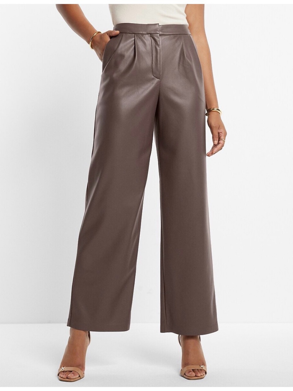 NWT Express mocha brown faux leather high waist pleated front wide leg pants
